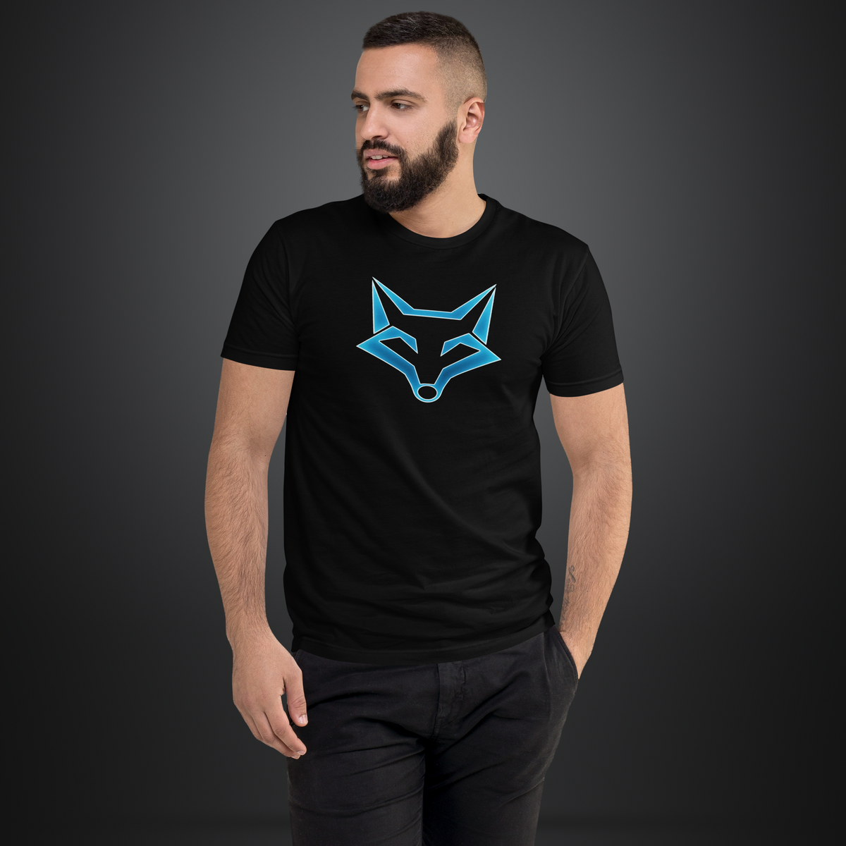 core fox blue on black tee with model
