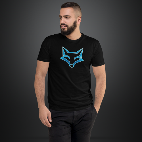 core fox blue on black tee with model