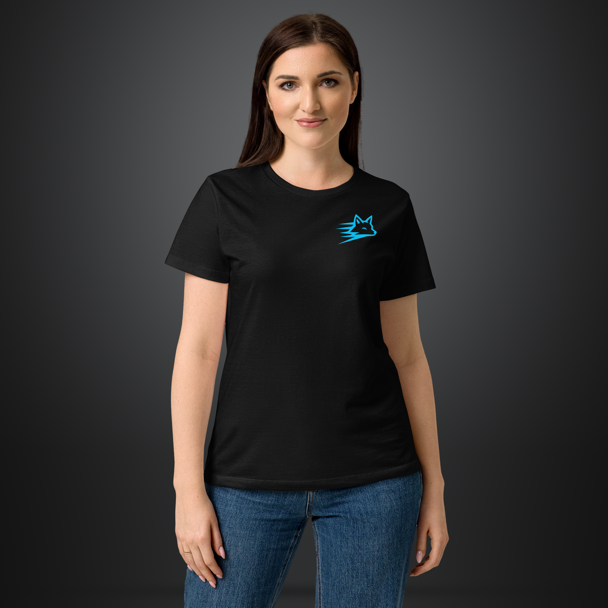 stay fox women fitted tee blue on black with model